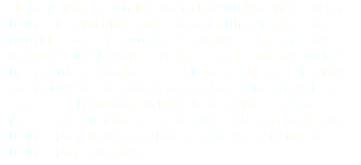 In this project, the team I led was tasked with developing a working business in Digital Media and costing out all the supplies, costs, materials, and other expenses associated with the business. We developed Spire Marketing Services. The brand image was designed by my friend and teammate Josue Diaz and the business structure and strategy were designed by my friend and teammate, Malcolm Sherrod. The brand image included the logo, typefaces, color palette, and content layout. Once we developed a brand image and business plan, I developed a short animated video, pitching our business plan to investors. 