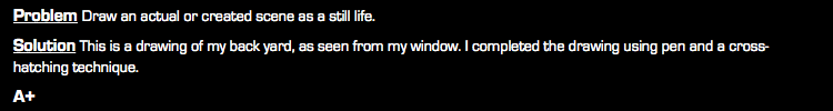 Problem Draw an actual or created scene as a still life. Solution This is a drawing of my back yard, as seen from my window. I completed the drawing using pen and a cross-hatching technique. A+